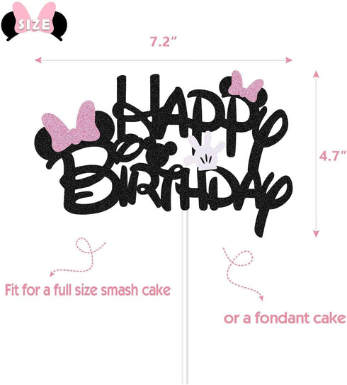Black Glitter Minnie Inspired Happy Birthday Cake Topper with Pink Bows for Girls Birthday Party