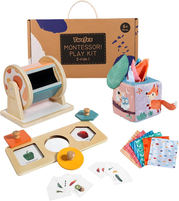 Montessori Toys for Babies 6-12 Months - 3 in 1 Play Kit with Spinning Drum, Tissue Box Toy, and Peekaboo Puzzle