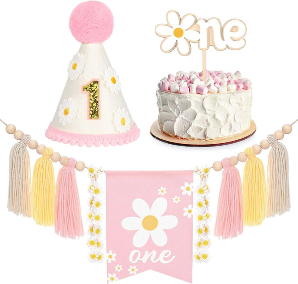 Daisy 1st Birthday Decorations Highchair Pink Floral High Chair Banner Boho Flower