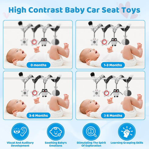 AJsupojouet 0-6 High Contrast Baby Toys - Black & White Hanging Toys for Car Seat, Stroller & Crib | Newborn Essentials