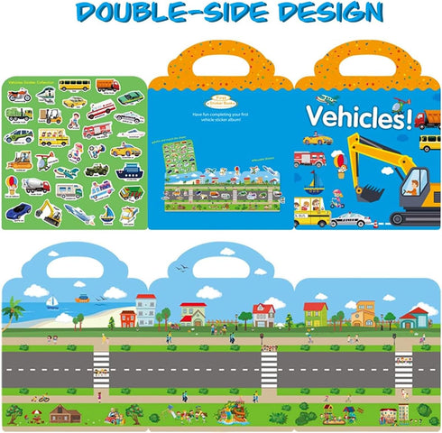 Reusable Sticker Books for Kids - Travel Removable Toddler Vehicle Sticker Books for 3-5 Year Olds, Educational