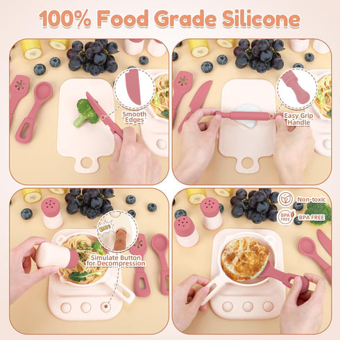 11Pcs Sets,Cooking Set 1-3,Pink TYRY.HU BPA Free Kids Play Kitchen Accessories Toy, Silicone Pretend Play Food Toys