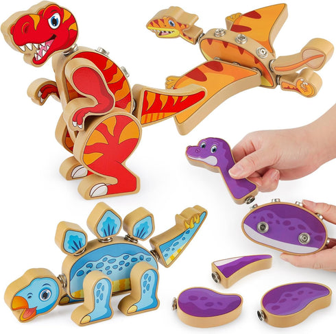 Coogam Dinosaur Snap Together Building Toys, Wooden Take Apart Dinosaur Playset, STEM
