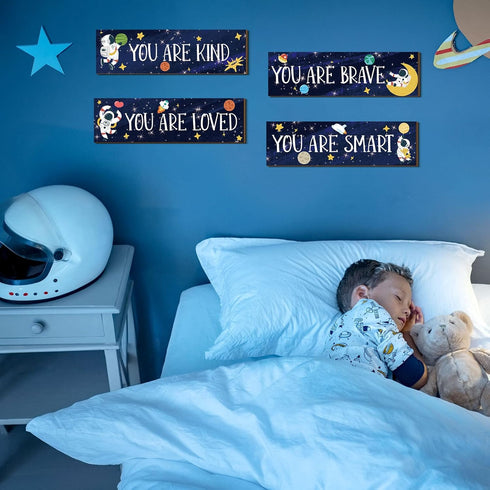 4 Yookeer Pcs Space Room Decor for Kids Boys Outer Space Wall Art Bedroom Decor for Nursery Classroom Astronaut Galaxy