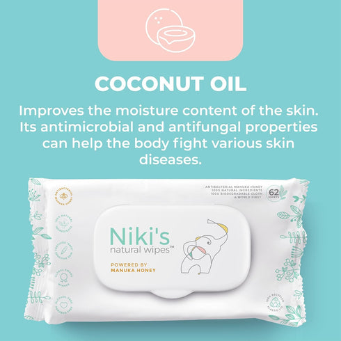 248 (4 Pack 62 Count Niki's Natural Baby Wipes | Sensitive Organic Baby Wipes | Made with Manuka Honey and Coconut Oil
