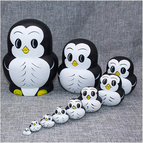 Moonmo 10pcs Animal Pattern Wooden Nesting Toys - Russian Nesting Dolls Matryoshka Stacking Dolls (Penguin)