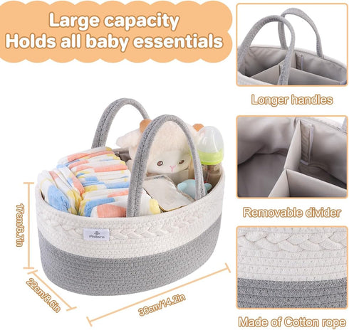 PHILORN Diaper Caddy Organizer - Cotton Rope Basket with Dividers, Nursery Storage for Changing Table, Baby Shower Gift