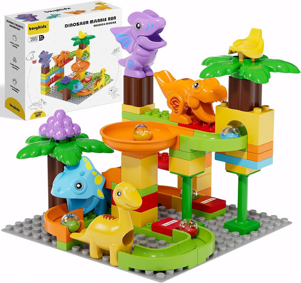 Kid Marble Run Building Blocks - Dinosaur Maze Puzzle Set, Compatible with Major Brands for Ages 3-8, 67PCS