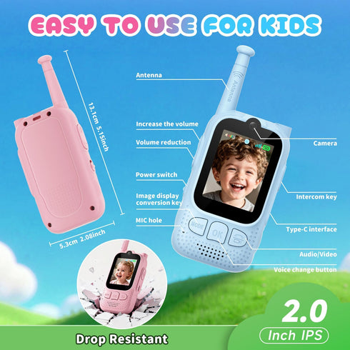 FieGsom 2 Pack 2 Kids Audio/Video Walkie Talkies, Rechargeable Walkie Talkies for Kids with Screen & Camera & Voice