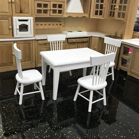 SXFSE 1:12 Set Dollhouse Decoration Accessories, Dollhouse Miniature Furniture Wooden White Dining Table Chair Model