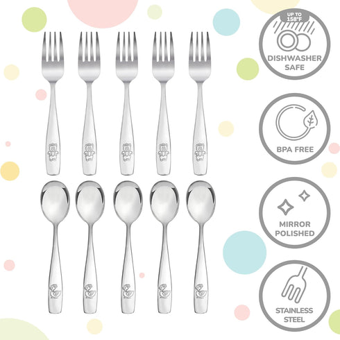 Kids Silverware Stainless Steel Set of 10 Toddler Utensils Forks and Spoons - Dishwasher Safe Kids Flatware Set Children's Safe Cutlery Set