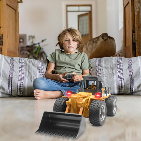 Fistone 9 Channel RC Front Loader, 4WD Alloy Shovel Loader Tractor, 2.4Ghz RC Bulldozer Toy with Lights for Kids 8-12