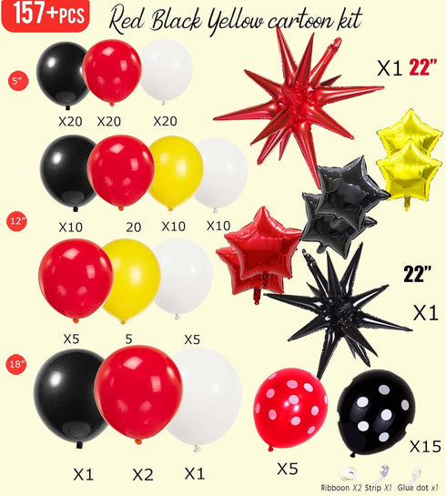 Cartoon Mouse Balloon Garland Kit, 157pcs Black Red Yellow White Balloons for Video Game Theme Decorations