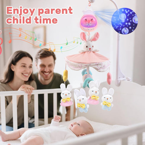 360 Baby Crib Mobile for Girls with Music, Lights & Projection, Adjustable Volume, Rotating Plush Crib Toys