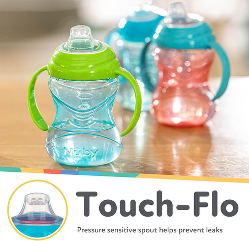 Nuby Clik-It Grip N' Sip Soft Spout No-Spill Training Sippy Cup with Handles - 10 oz (3-Pack) - Blue/Green/Red