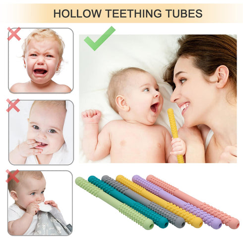 Hollow Teething Tubes Toys for Babies, 5 Pack Silicone Teether Toy Tube for Infants 6-12 Months