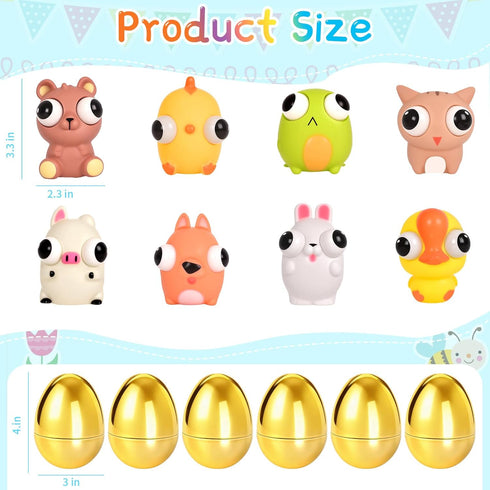 8 Pack Jumbo Golden Easter Eggs Fillers with Popping Eyes Fidget Toys, Squeeze Animals for Stress Relief, Easter Basket