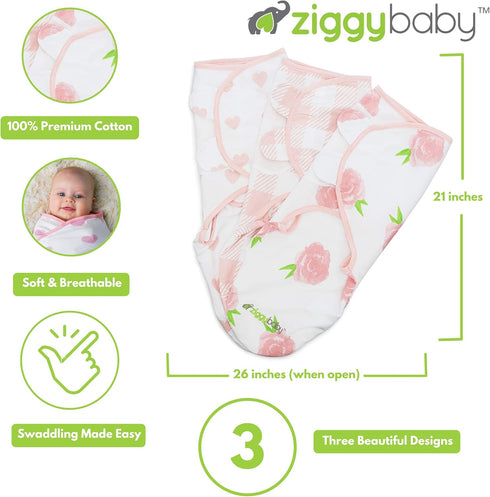 Set 0-3 3 Pack Ziggy Baby Baby Girl Swaddle Blanket Adjustable Wrap Size Small/Medium, Months - - Pink Peony, Pink