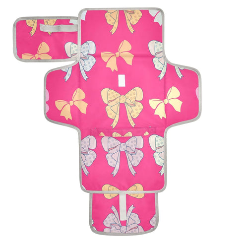 Jihqo Diaper Changing Pad Bows Pink Portable Diaper Mat with Built-in Pillow Travel