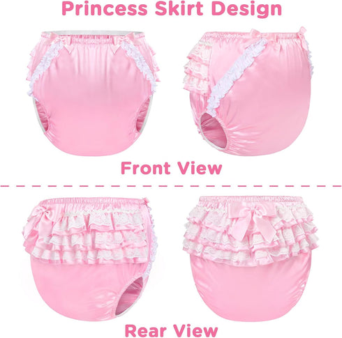 XL Pretty in Pink Satin Adult Diaper Cover - Washable Waterproof Ruffled Lace Bow