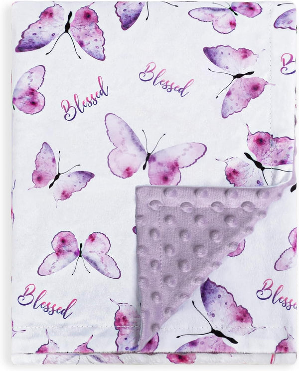 BORITAR Baby Blanket for Girls, Soft Plush Minky Fabric, Double Layer Dotted Backing with Elegant Purple Butterfly (30