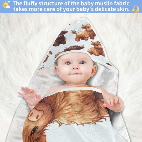 WELLDAY 30x30 Inch Highland Cows Hooded Baby Bath Towels, Cotton Soft Hooded Towel for Babies - Absorbent Baby Bath