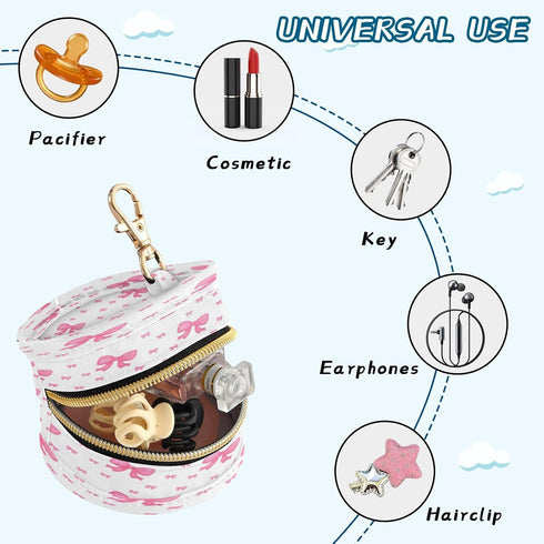Nesatuwa Watercolor Pink Bows Pacifier Holder Case with Clip Portable Small Travel Pacifier Pouch for Mom Bag Zipper
