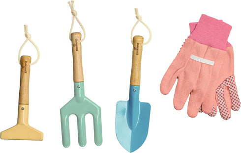Set, Gardening Tool Kit, for Kids, STEM, Includes Tote Bag, Spade, Watering Can, Rake, Fork, Trowel and Gloves (Petal)