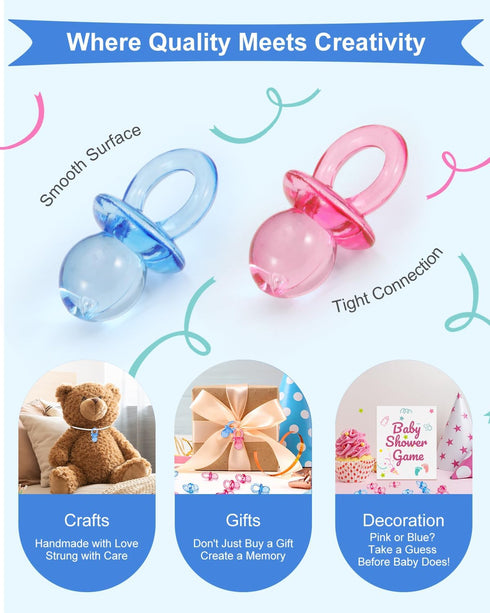 DUIJINYU 200PCS 0.83 Inch Mini Acrylic Pacifiers for Baby Shower Games, Clear Blue Pacifiers Bulk, Chupones para Gender
