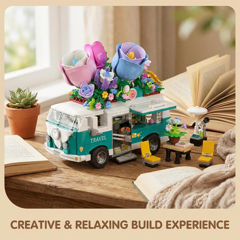 HJPLPXH Set 862 Flower rv Camper Van Building Piece Botanical Travel Bus with Opening Side Cabin Outdoor Table Chairs