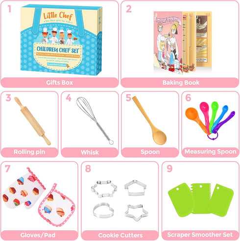 Cute Stuff Apron for Girls, Kids Cooking Sets with Toddler Chef Hat and Cookbook, Birthday Gifts for 3-8 Year Olds