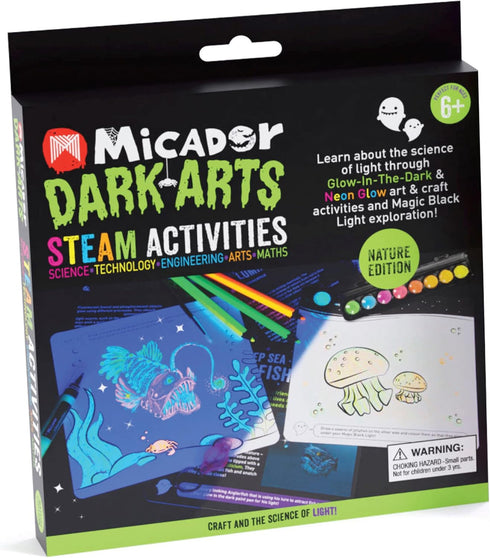 Micador Dark Arts Glow STEAM Activity Packs, Science of Light - Neon Color Pencils, Glow-in-The-Dark Paint