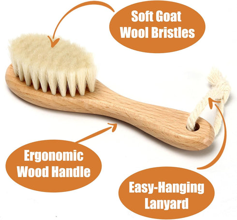 Set, 2Pcs Wooden Baby Hair Brush and Comb Natural Soft Goat Bristles Brush with Baby Shower Scrubber Perfect Scalp