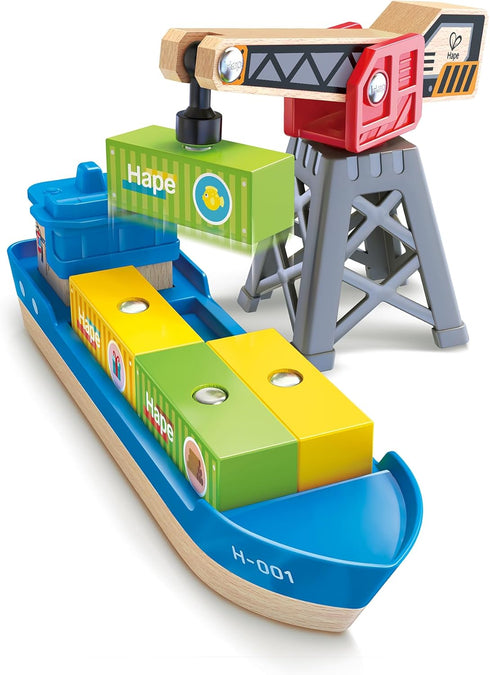 Playset, 3Y+ Hape Cargo Ship & Crane | Toy Boat and Crane for Children Ages