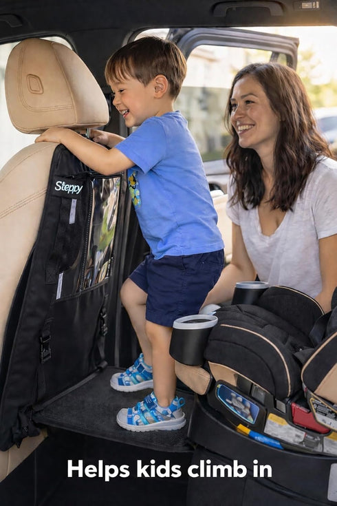 Steppy Car Seat Step - A Seat Protector Mat with Built-in Step & Back-of-Seat Tablet Holder - Helps Children Climb Into