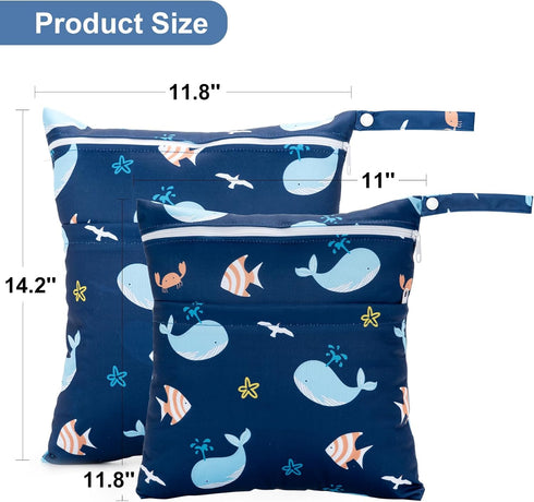 fimaska 2 Pack 2 Wet Dry Bags Waterproof Washable Travel Bags, Wet Bag with Zippered Pockets for Diapers, Daycare