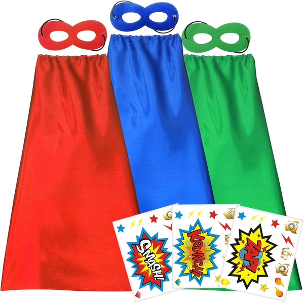 ADJOY Superhero Capes and Masks for Kids, Birthday Party Dress Up Costume, 3 Sets in Red Green Blue