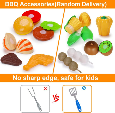 Kids Play Food Grill with Pretend Smoke Sound, Light Kitchen Playset BBQ Accessories for Toddler Girl Boy, 2-6 Year Old
