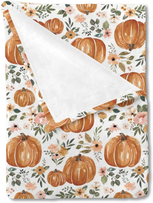 Fall Thanksgiving Pumpkins Floral Baby Blanket, Boho Autumn Holiday Flower Flannel, 30 x 40