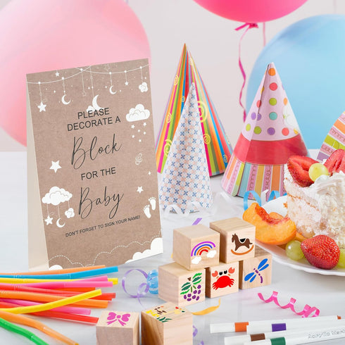153 36 Draupnir Pcs Fun Baby Shower Games Sign Kit Babies Coloring Blocks for Baby Shower, Wooden DIY Blank Blocks