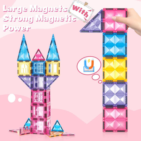 Princess Magnetic Tile Castle - 3D Building Block Set for Kids, Pink Magnetic Building Blocks with Doll, Ages 3-8
