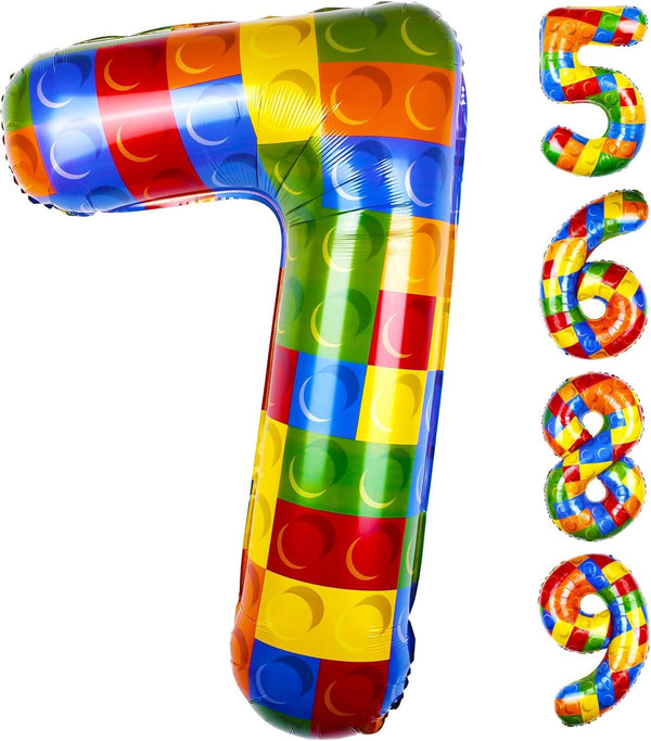 40 Inch Number 7 Balloon, Colorful Building Block Foil Balloon, Big Helium Balloon for Birthday Party Decorations