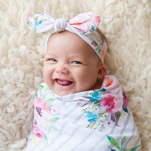 Newborn Girls Receiving Blanket Headband Set, Flower Baby Swaddle Blankets (0-6 Months, Striped)