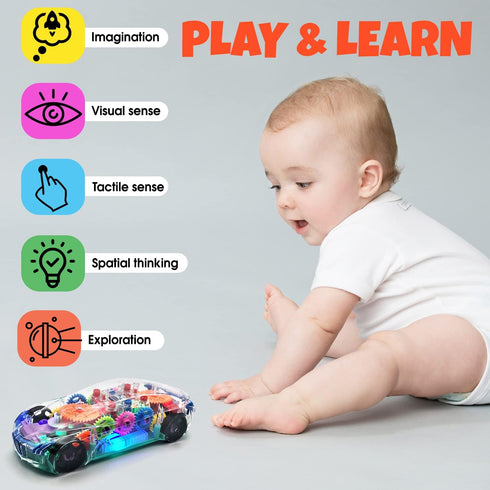Light Up Transparent Car Toy - Fun and Interactive Electric Car Toy for Kids- Music Car with LED - Colorful Moving Gears -Tummy Time Crawling Baby Light Up Toys for Boys & Girls