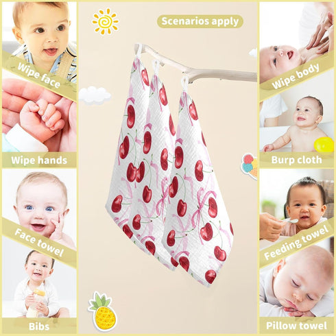 Msyxl 3 Pack 12x12in Watercolor Cherry Pattern Baby Washcloths Soft Face Towel Absorbent Bath Wash Cloths for Newborn