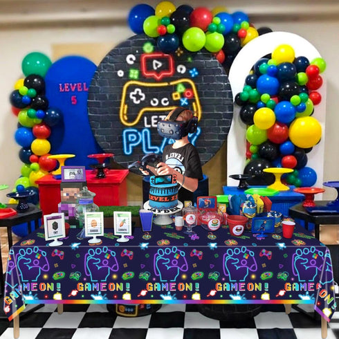 4Pcs Video Game Party Tablecloth - Neon Game On Rectangular Table Covers for Kids Birthday Party Decorations