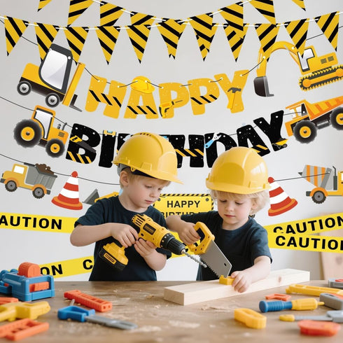 FIGEPO Set Construction Party Supplies Dump Truck Party Decorations with caution tape, construction pennant flags