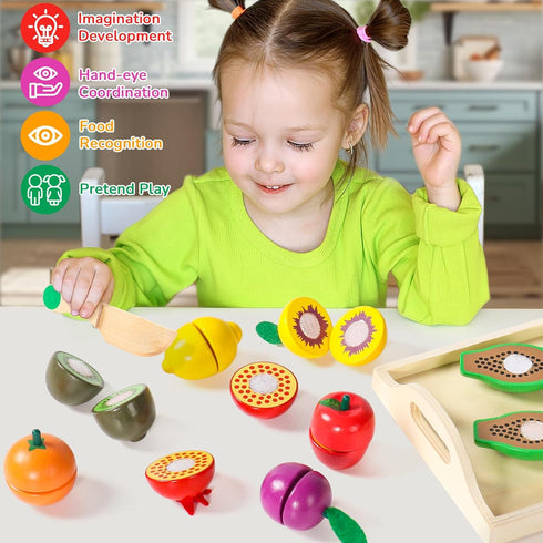 Fajiabao Wooden Play Food Sets, Montessori Toys for 2 Year Old, Kids Cutting Board Set, Pretend Play