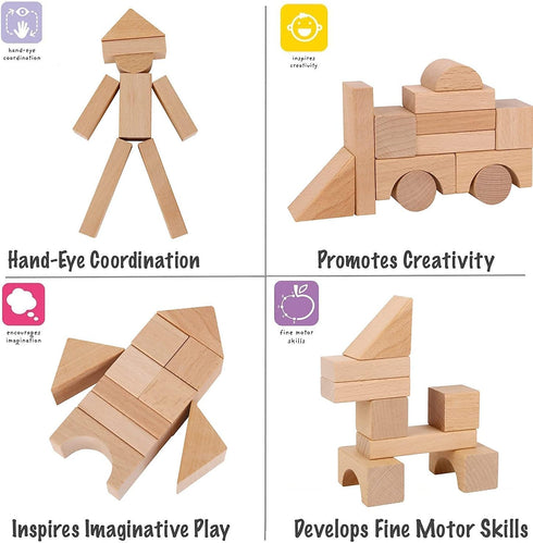 100 Pidoko Kids Wooden Blocks - Pcs - Building Blocks for Toddlers - Includes Storage Container with Shape Sorter Lid