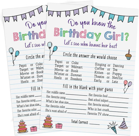 Printed Party Kids Birthday Game, Who Knows Her Best, Notebook Theme, Set of 25